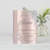 Perlen, Eiffelturm, Tropfen Rose Gold Quinceñera Einladung (Stehend Vorderseite)