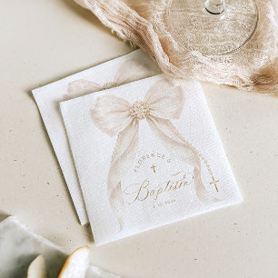 Perlen Elegante Schleife Elfenbein Taufe Serviette