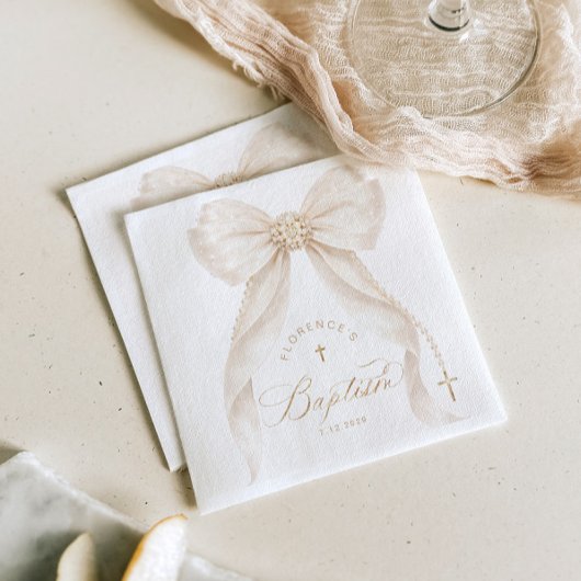 Perlen Elegante Schleife Elfenbein Taufe Serviette