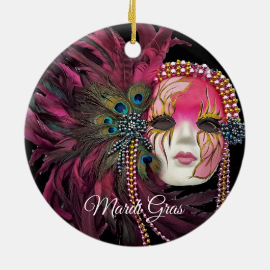 Perlen, Federn und Mardi Gras Maske Keramik Ornament (Hinten)