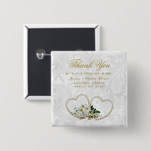 Perlen-Herz-u. Blumen-Damast-Gastgeschenk Hochzeit Button