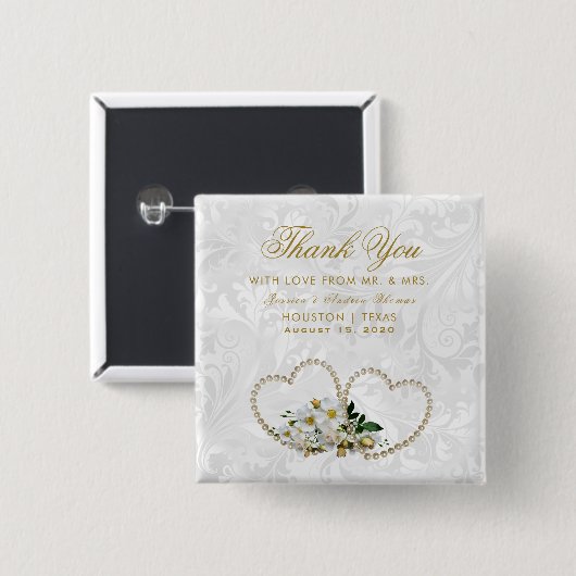 Perlen-Herz-u. Blumen-Damast-Gastgeschenk Hochzeit Button (Vorne & Hinten)