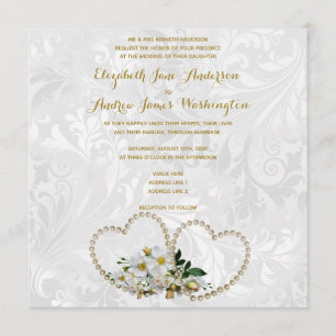 Perlen-Herz-u. Blumen-Damast-Hochzeit Einladung