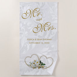 Perlen-Herz-u. Blumen-Damast-Hochzeit Strandtuch