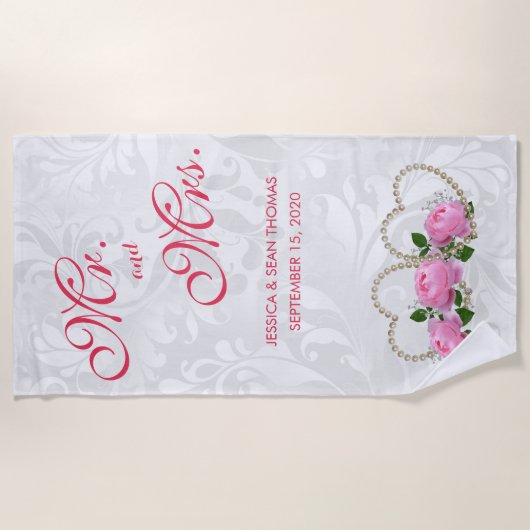 Perlen-Herz-u. Rosen-Damast-Hochzeit Strandtuch (Vorderseite)