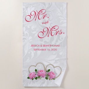 Perlen-Herz-u. Rosen-Damast-Hochzeit Strandtuch