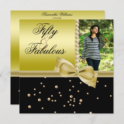 Perlen & Imitate Bow Fabulous 50 Foto Frauen Einladung (Vorne/Hinten)