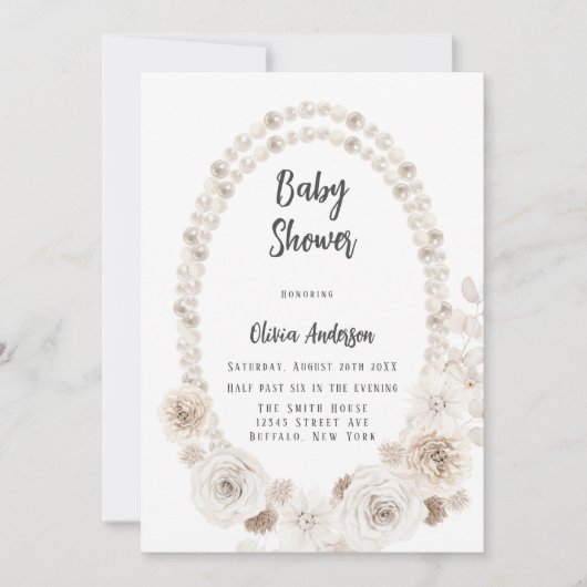 Perlen in Beige und Weiß und Florals Baby Dusche I Einladung (Vorderseite)