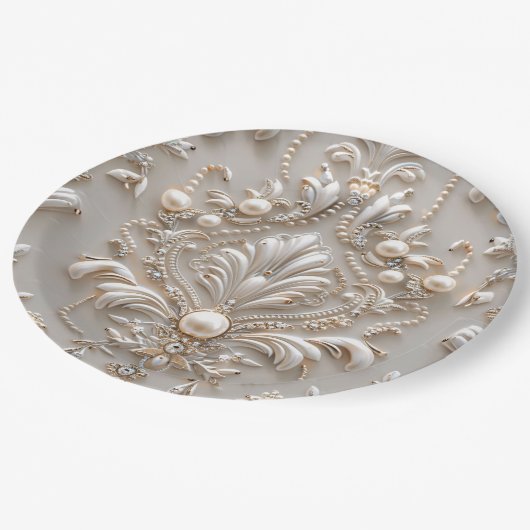 Perlen Kristalle Französisch Damask Stickerei Deco Pappteller (Schrägansicht)