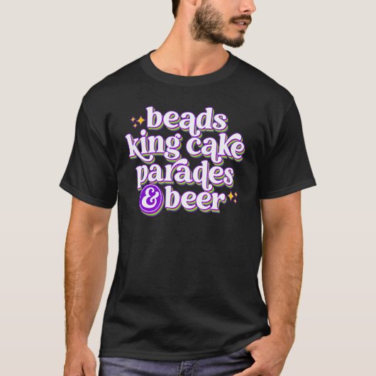 Perlen mit King Cake Paraden und Bier Retro Mardi T-Shirt (Vorderseite)