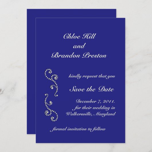 Perlen, Off White und Sapphire Blue Save the Date (Vorne/Hinten)