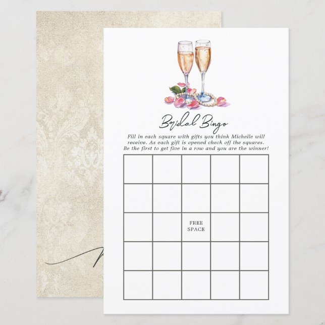 Perlen, Peta und Prosecco Brautparty Bingo Game (Vorne/Hinten)