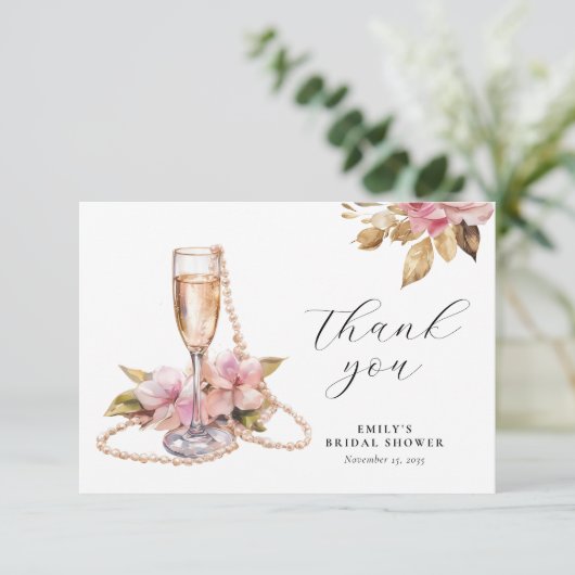 Perlen Petals & Prosecco Brautparty Dankeskarte (Stehend Vorderseite)