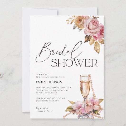 Perlen Petals & Prosecco Brautparty Einladung (Vorderseite)