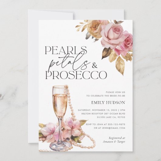 Perlen Petals & Prosecco Brautparty Einladung (Vorderseite)
