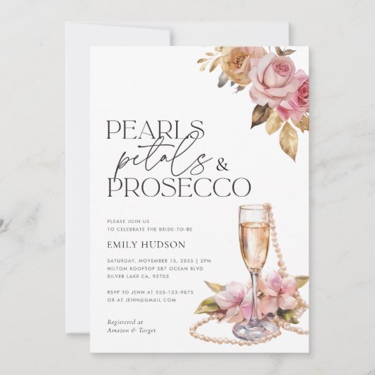 Perlen Petals & Prosecco Brautparty Einladung (Vorderseite)