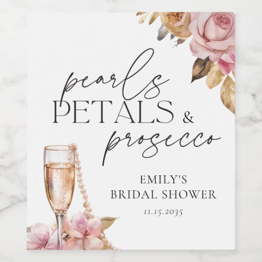 Perlen Petals & Prosecco Brautparty Weinetikett (Einzelnes Label)