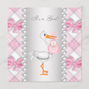 Perlen Pink Storch Babyparty Einladung