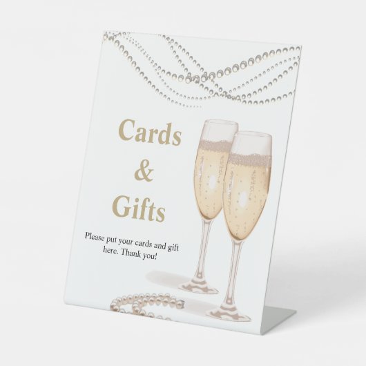 Perlen & Prosecco Brautparty Karten und Geschenke Sockelschild (Vorderseite)