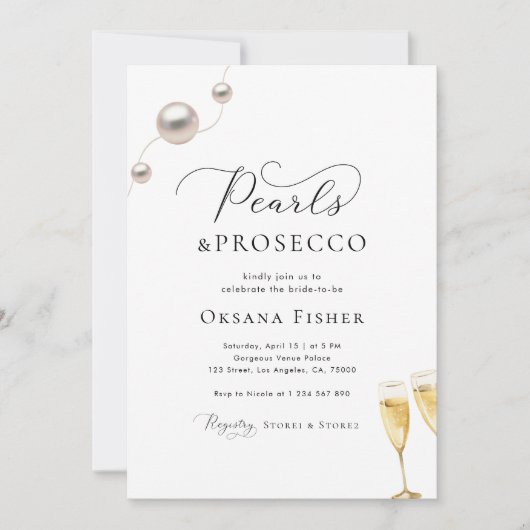 Perlen & Prosecco Brautparty Minimalistisch Elegan Einladung (Vorderseite)