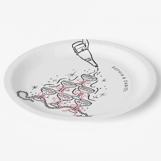 Perlen & Prosecco Brautparty Papier Teller (Schrägansicht)