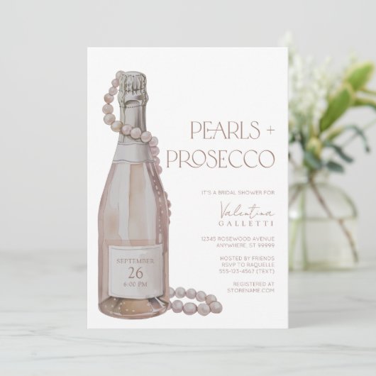 Perlen + Prosecco Bridal Dusche Einladung (Stehend Vorderseite)