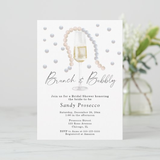 Perlen & Prosecco Brunch und Bridal Einladung (Stehend Vorderseite)
