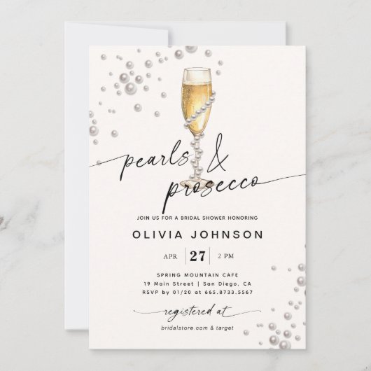 Perlen & Prosecco Elegantes Brautparty Einladung (Vorderseite)