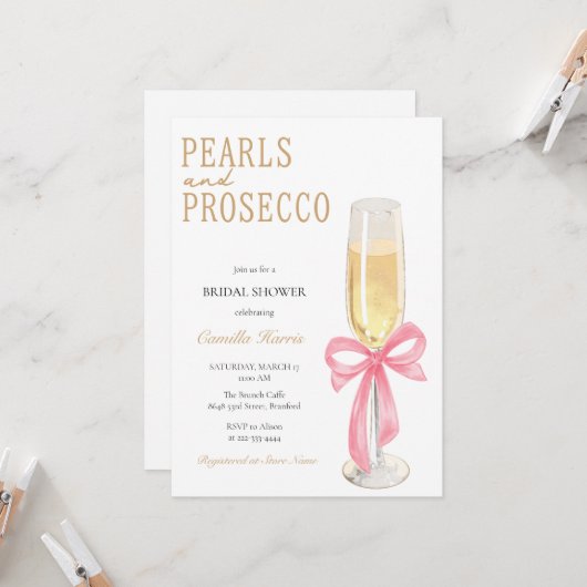 Perlen & Prosecco Minimales Brautparty Einladung (Vorderseite/Rückseite Beispiel)