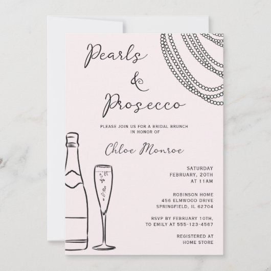 Perlen & Prosecco Moderner rosa Bridal Brunch Einladung (Vorderseite)
