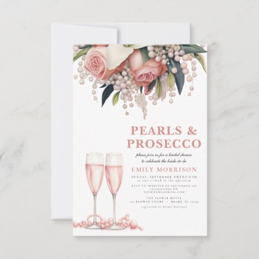 Perlen & Prosecco Modernes rosa Brautparty Einladung (Vorderseite)