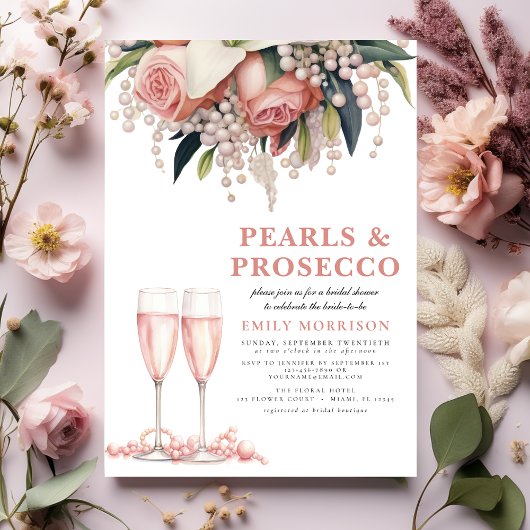 Perlen & Prosecco Modernes rosa Brautparty Einladung