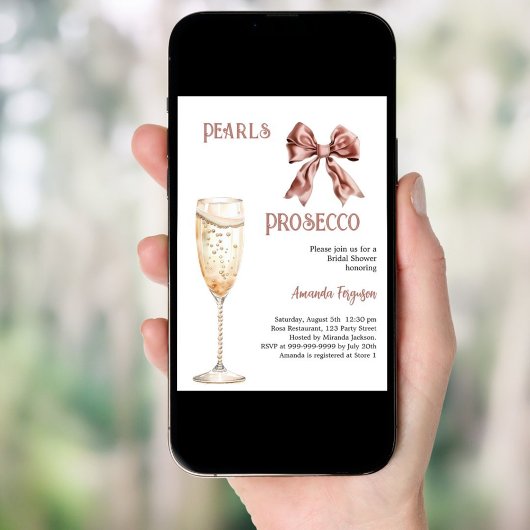 Perlen Prosecco-Rosa-Bug-Brautparty Einladung