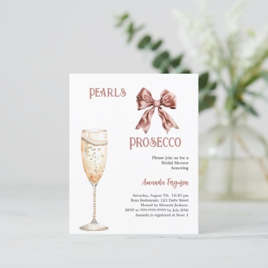 Perlen Prosecco Rosa Bugbrust Bridal Einladung (Stehend Vorderseite)