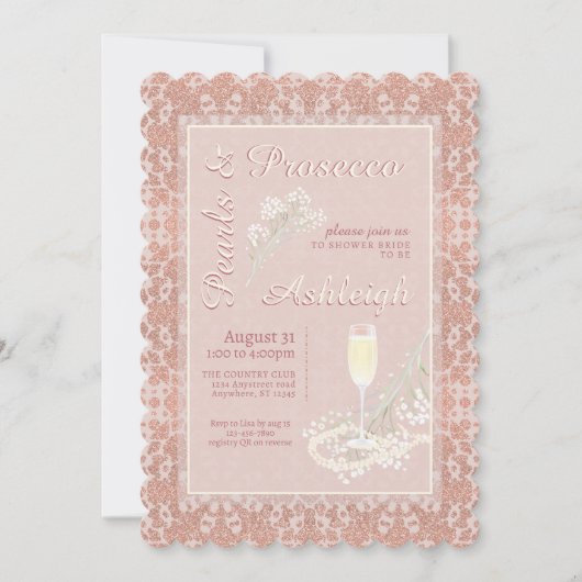 Perlen & Prosecco Rose Gold Blush QR Brautparty Einladung (Vorderseite)