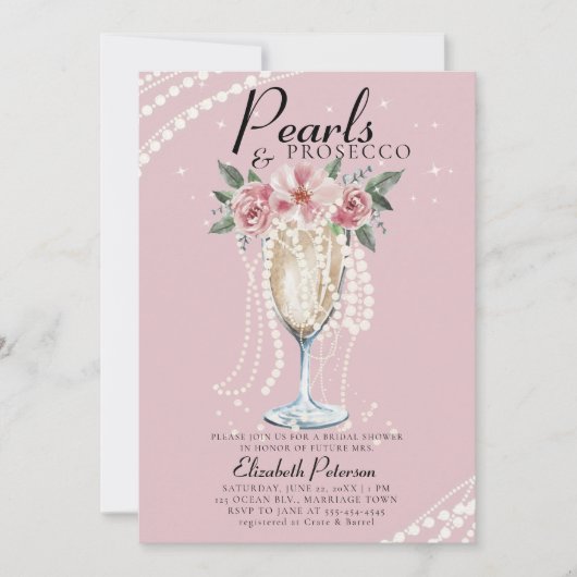 Perlen Prosecco Rose Rosa Rosa Brautparty Einladung (Vorderseite)