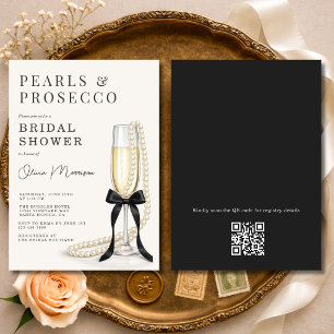 Perlen & Prosecco Schwarze Schleife QR Code Brautp Einladung