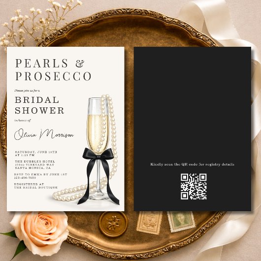 Perlen & Prosecco Schwarze Schleife QR Code Brautp Einladung