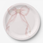 Perlen-Rosa-Schleife Goldkreuz Taufe Pappteller (Vorderseite)