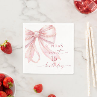Perlen-Rosa-Schleife Sweet 16 Geburtstagsfeier Serviette