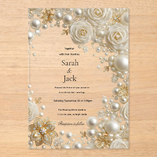 Perlen-Rosen- und Diamant-Hochzeit Acryleinladungen