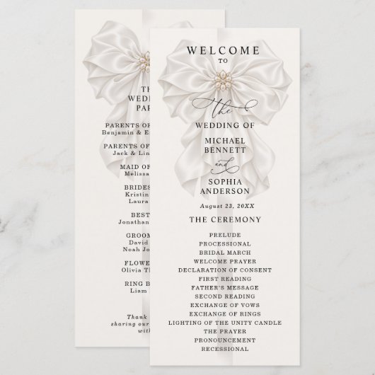 Perlen-Satin-Schleife Elegantes Hochzeitsprogramm Programm (Vorne/Hinten)