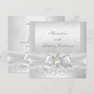 Perlen-Spitze-Damask-Diamant-Silber-Weiße-Schleife Einladung