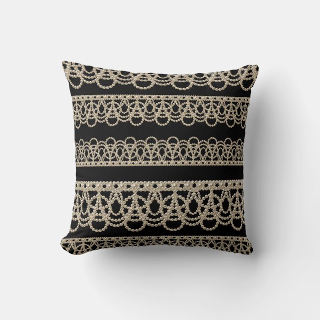 Perlen-Spitzenmuster Elegant Schwarz Kissen (Vorderseite)