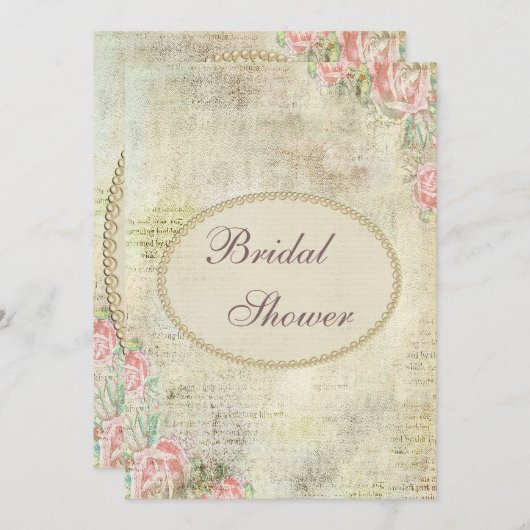 Perlen-u. Spitze-Shabby Chic-Rosen-Brautparty Einladung (Vorne/Hinten)