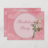 Perlen-u. Spitze-Shabby Chic-Rosen-Geburtstag Einladung (Vorne/Hinten)
