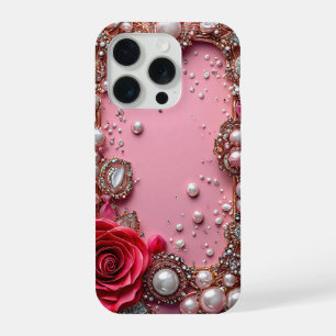 Perlen und eine detaillierte rote Rose iPhone 15 Pro Hülle