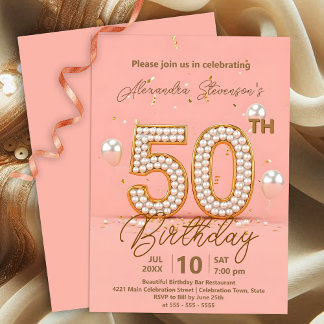 Perlen und Gold zum 50. Geburtstag schimmern Einladung