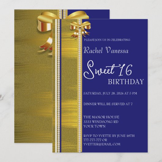 Perlen und Goldsüße 16 Einladung (Vorne/Hinten)