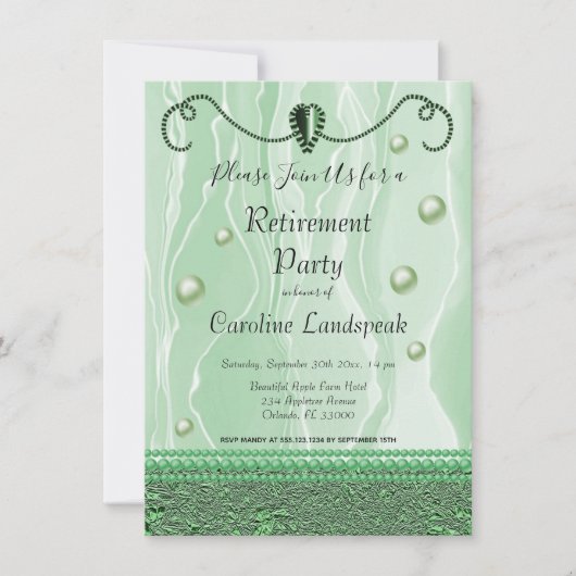 Perlen und grünes Party für das Ruhestand Einladung (Vorderseite)